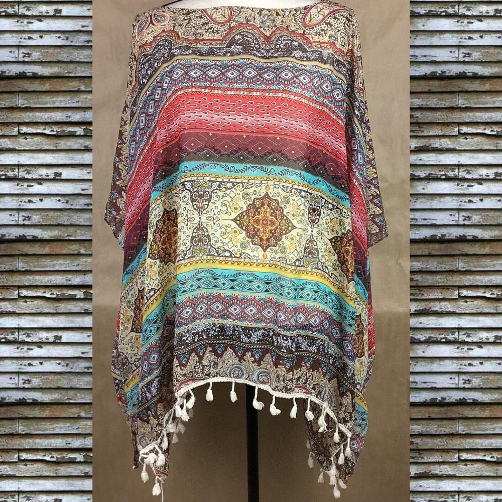 Multicolor Bohemian Poncho with Tassels